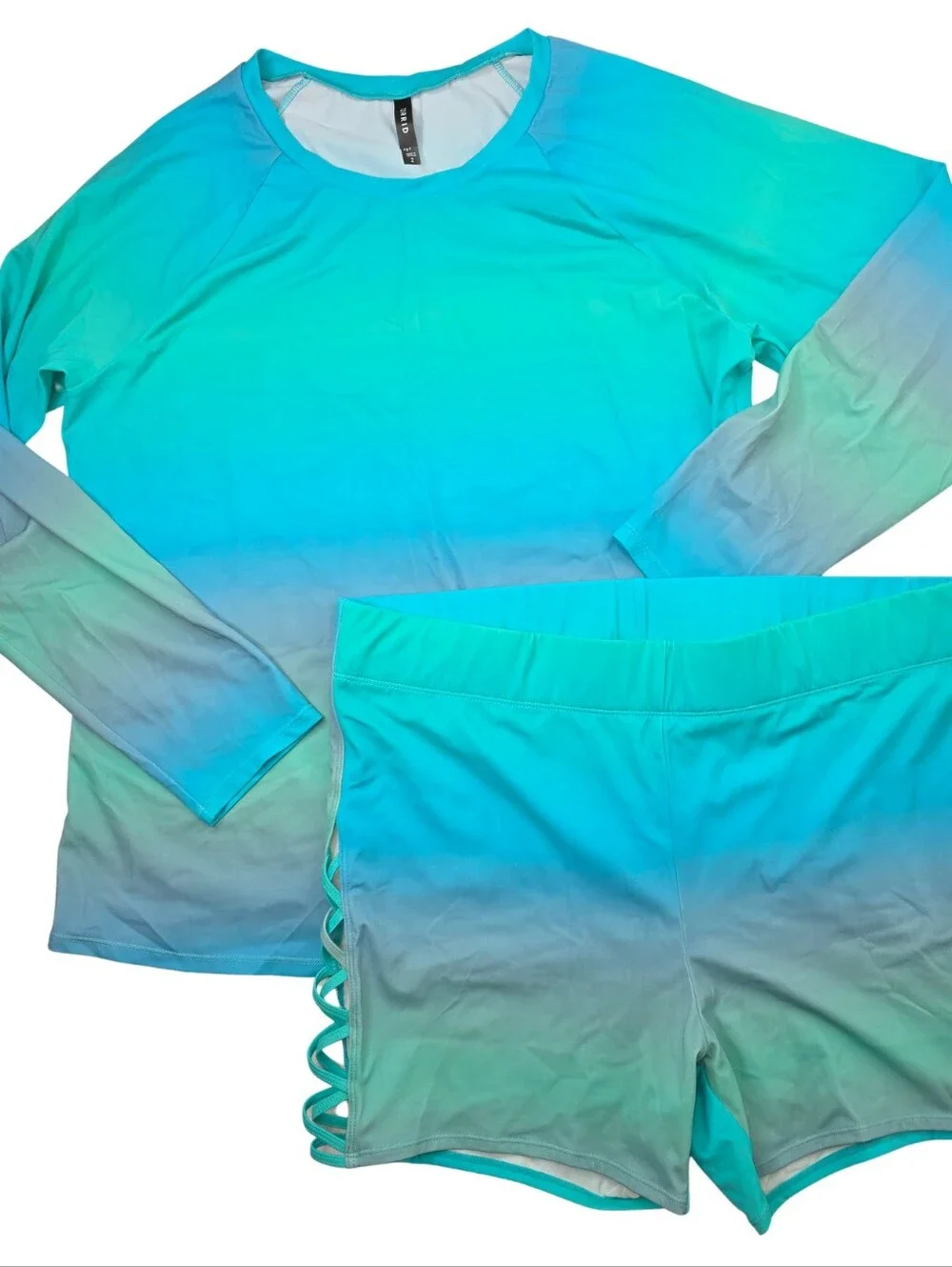 Torrid Set Aqua Seaside Gradient Rash Guard + Lattice-Side Swim Shorts 3731-CU